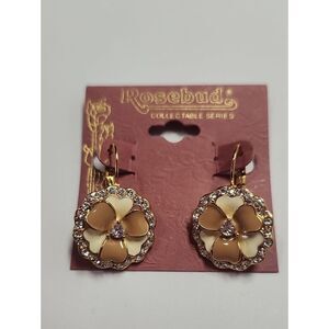 Rosebud Gold-Tone Brown and Cream Enamel Floral Drop Earrings